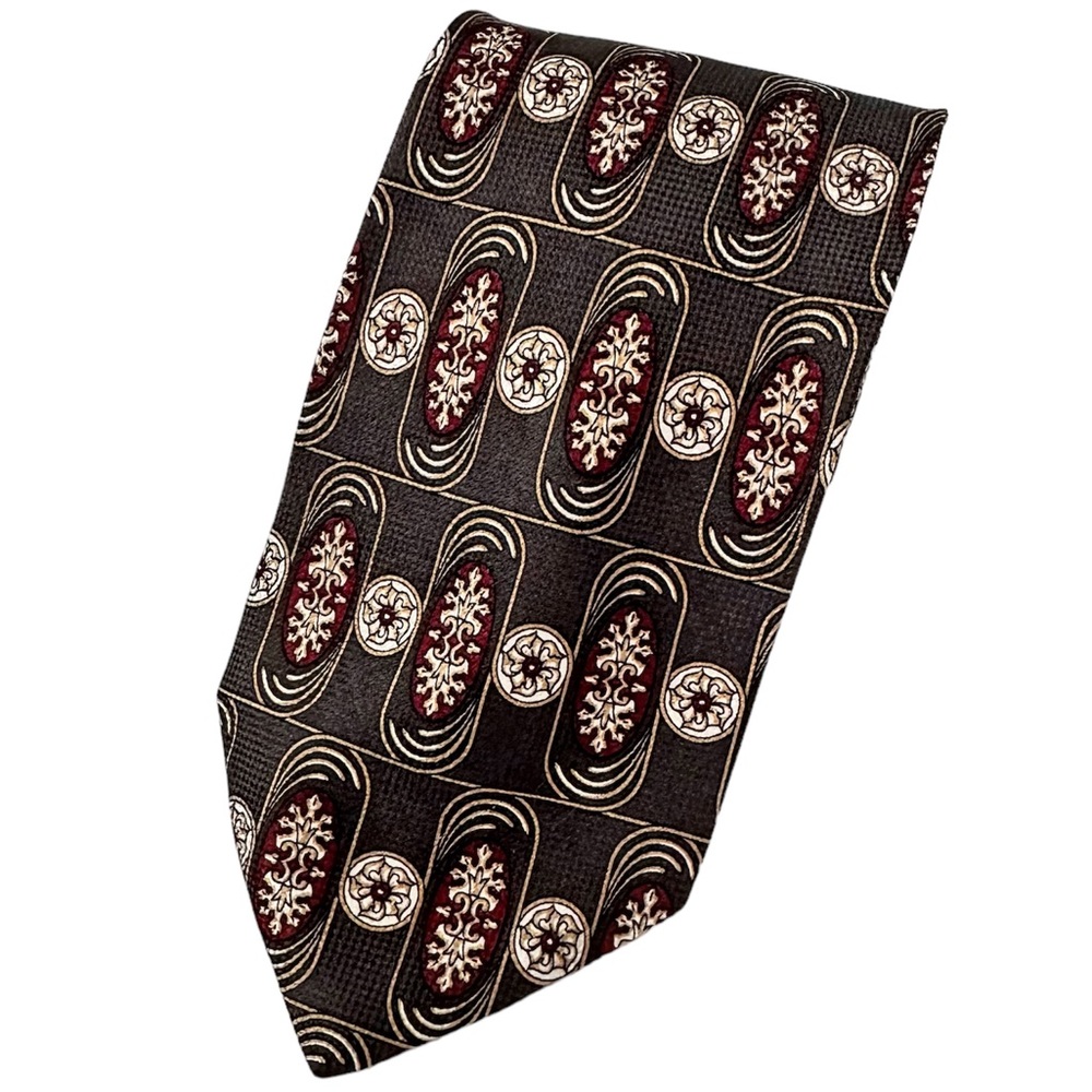 Silk Tie Brand New Italian Made Brown w/Red Gold White Design in Plastic Sleeve